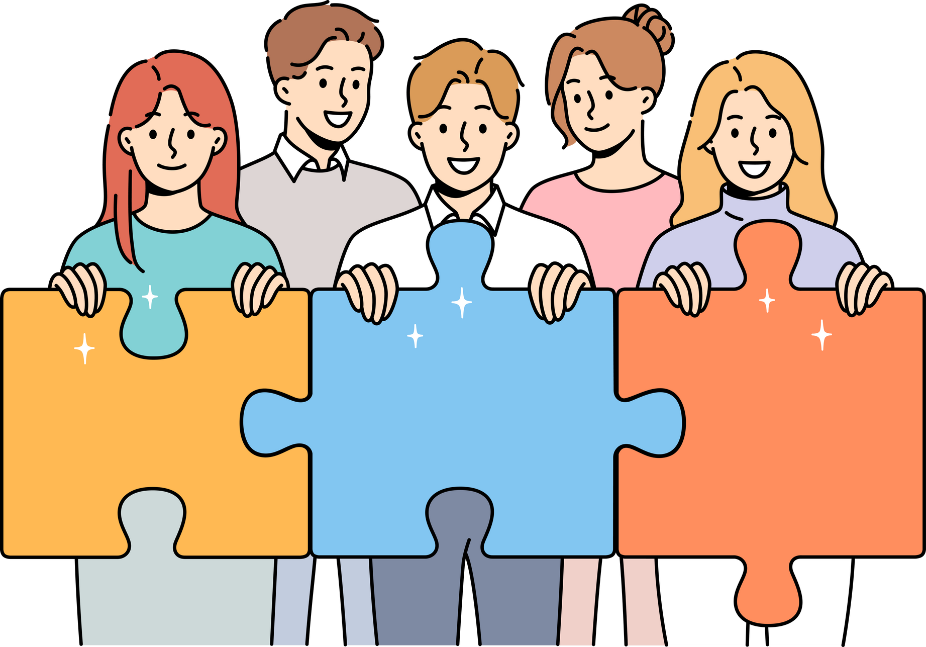 Friendly team people hold puzzle pieces symbolizing working together to solve business problems